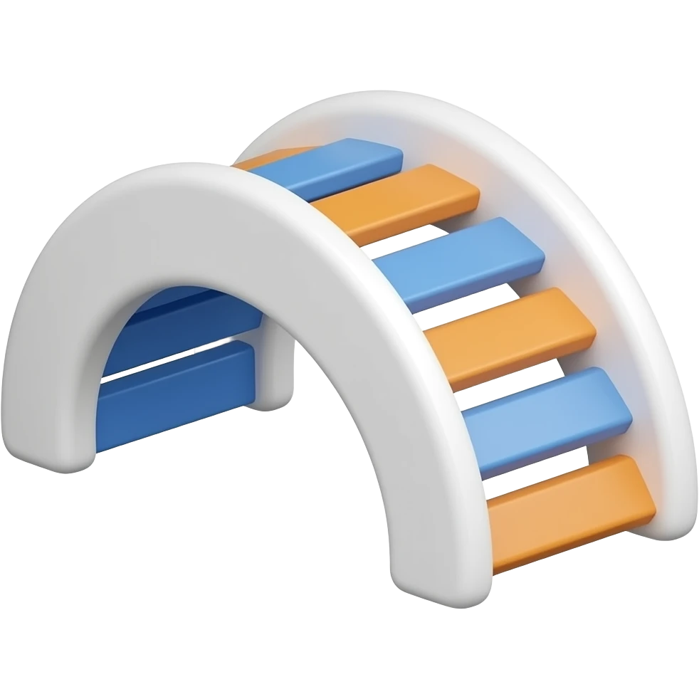 Create a cute 3D emoji icon of a small curved pet climbing arch toy. It has two simple white arched side panels and flat blue-orange slats across the top like a rainbow bridge. Low height, no stairs, no railings, no posts, no slide. Empty toy only, no animal, transparent background, no text. emoji