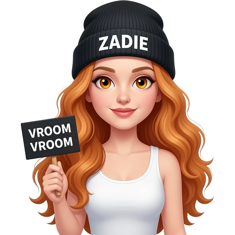 sexy girl with overlong wavy ginger hair and ginger eyes wearing a white tanktop and a black beanie with ZADIE written on it, is holding a black sign with VROOM VROOM written on it emoji