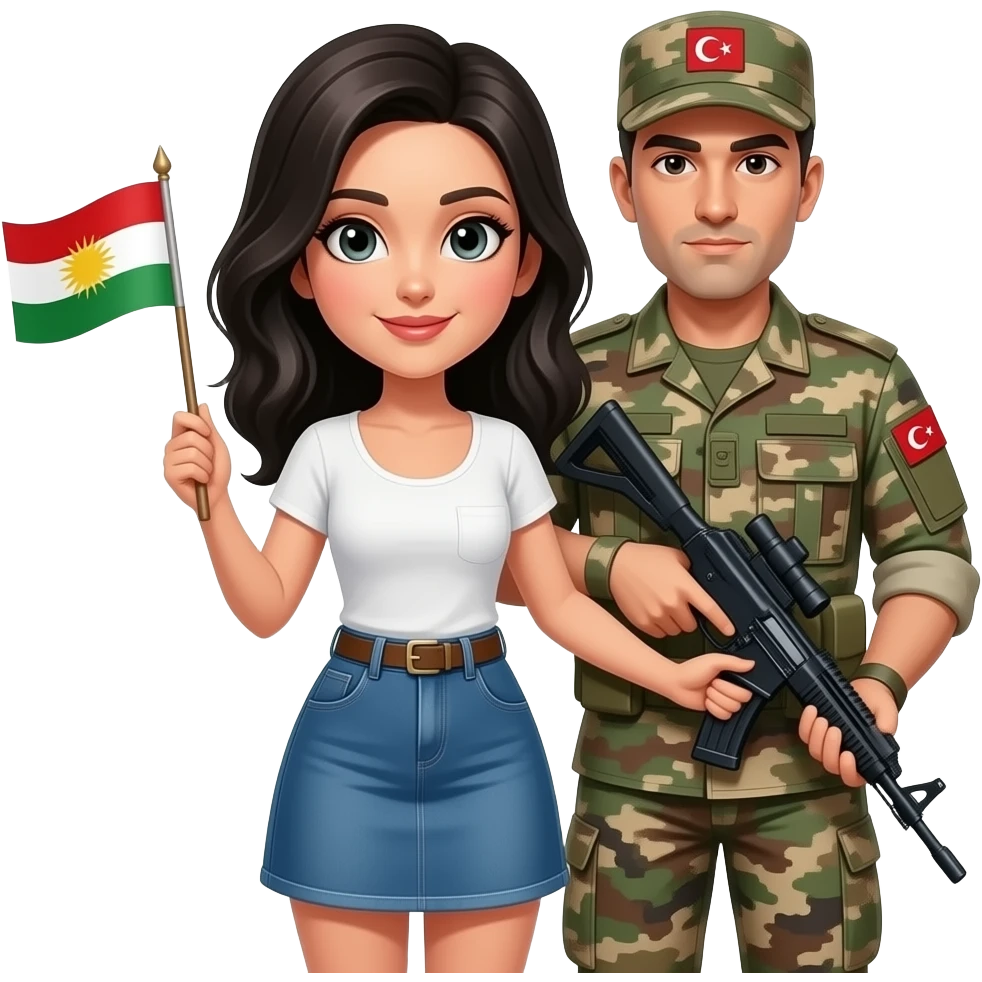 Kelepçeli siyah saçlı beyaz tenli ve mini etekli Kürdistan bayrağı giyen bir kadın ve arkasında onu kelepçeleyen bir Türk askeri +18 emoji