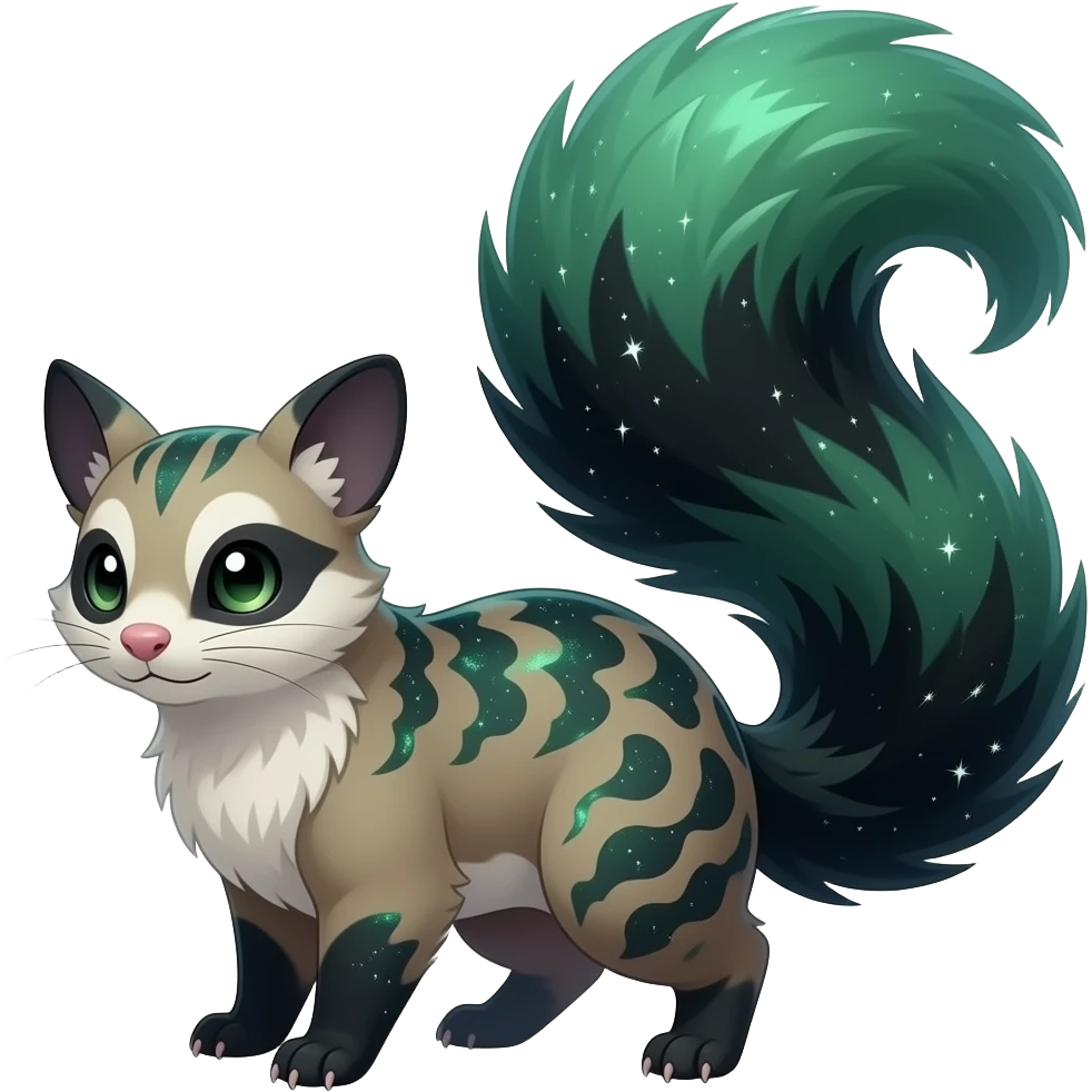 Hyper-realistic forest-hunger-green-emerald-green-onyx-black-gradient velvet fur soaked in starlight glitter and shadow gradients beautiful elegant pretty precious cute Fakémon-Pokémon-opossum-Lykoi-genet-civet-serval-caracal-chinchilla-Furret-hybrid-creature with a big fluffy bushy tail (full body) emoji