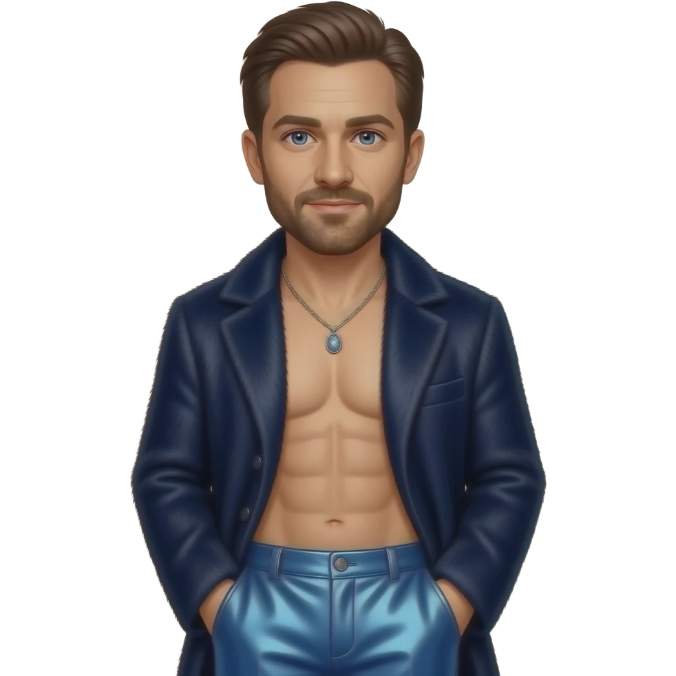 Jake Gyllenhaal with blue eyes, dark brown hair, dark blue fur coat, blue metallic baggy pants, shirtless with necklace emoji