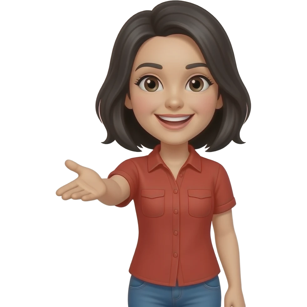 woman reaching out with black hair and red shirt smiling full body standing up emoji