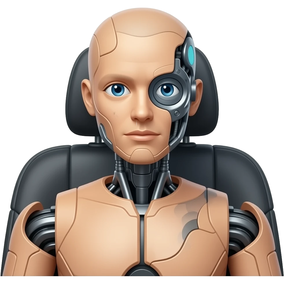 crash test dummy with robot face,  in car seat emoji