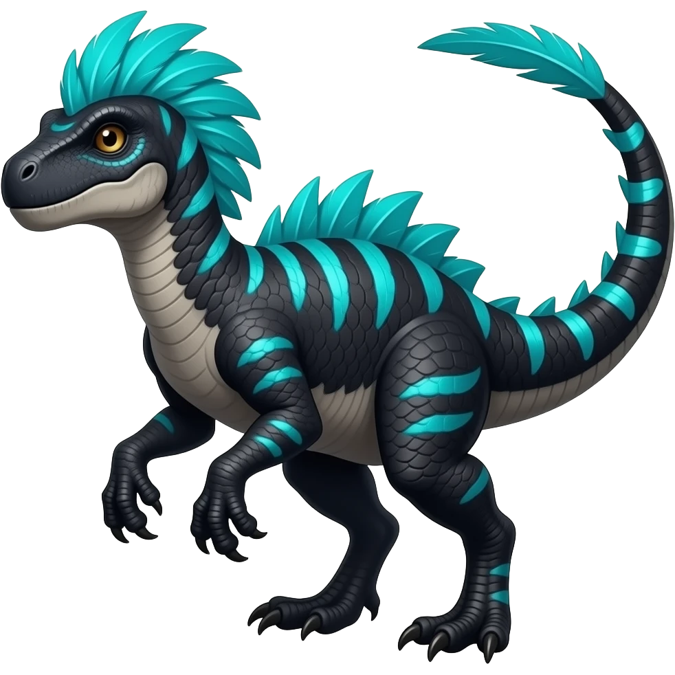 Cool edgy ancient black-scaled with neon-blue stripe markings digitigrade bipedal vintage futuristic raptorik fantasy-Cyberpunk-Steampunk-Solarpunk-Genesect-Salamence-Cyclizar-Salazzle-Feraligatr-Fakémon-animal-hybrid, with neon feather-mane, and a tail blade, back spikes, full body emoji