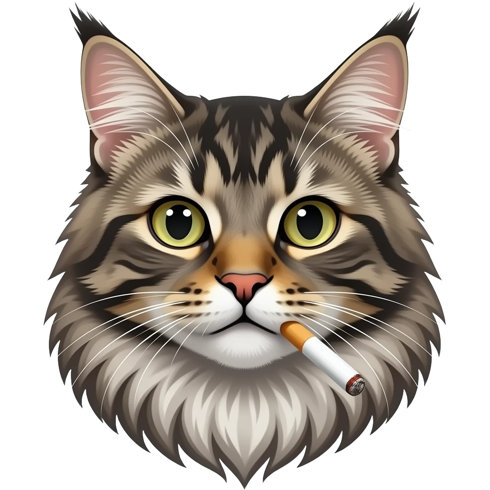 Кот мейнкун задумчиво курит сигарету/ перегенерируй только голова кота emoji