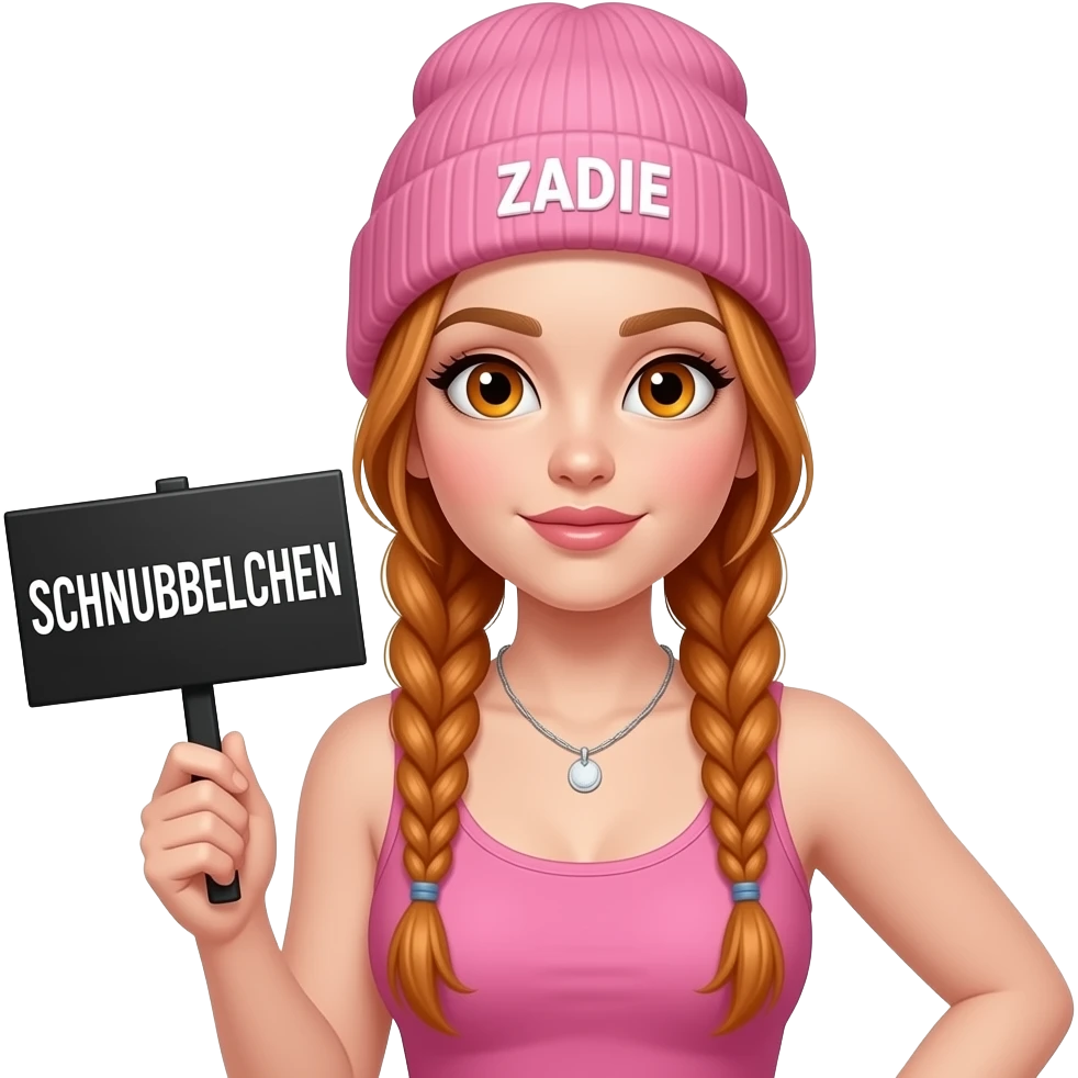 sexy girl with overlong ginger braids and ginger eyes wearing a pink tanktop and a pink beanie with ZADIE written on it, is holding a black sign with SCHNUBBELCHEN written on it emoji