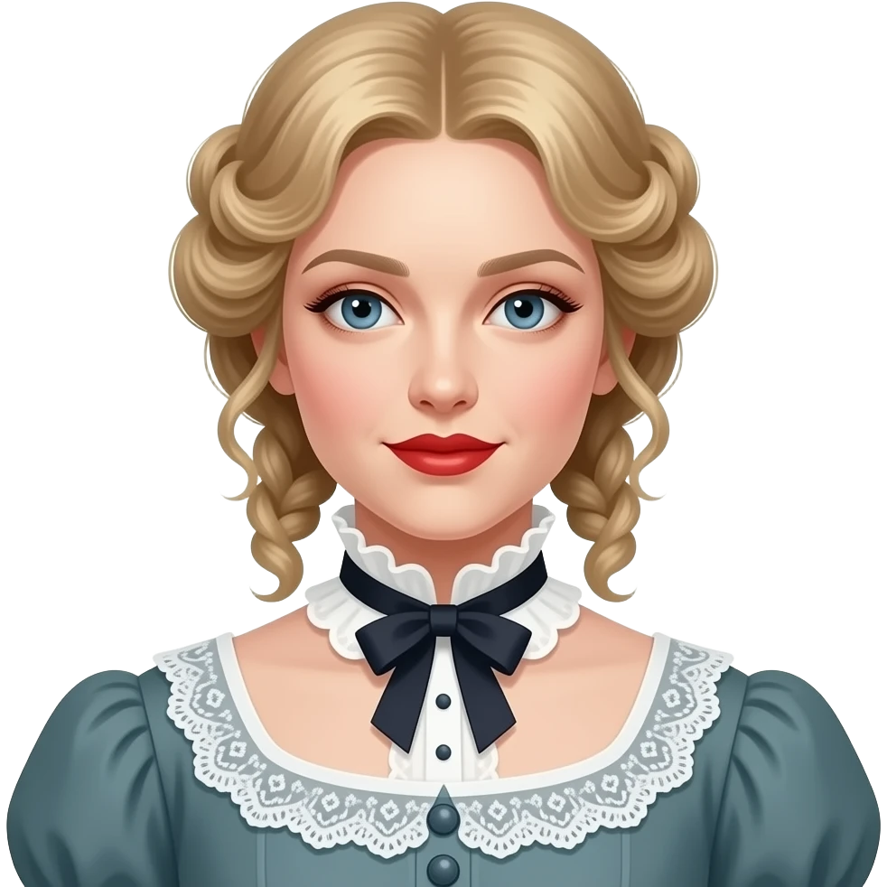 Victorian look with blonde hair in curly, Victorian outfit with red lipstick emoji