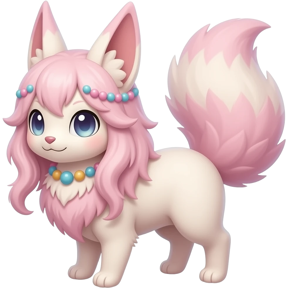 Fuzzy slim oriental feathery long-haired beaded mane cozy rosy aesthetic feathery Rosy beautiful Sylveon-Furret-Minccino-Espeon-Fakémon-hybrid emoji