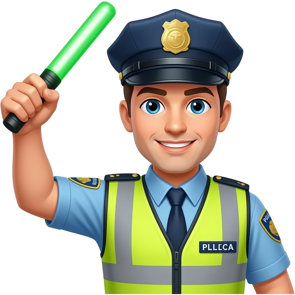 airport traffic officer wear a yellow safety vest blue uniform police cap and arm raised up and hold with green baton light with glow hold emoji