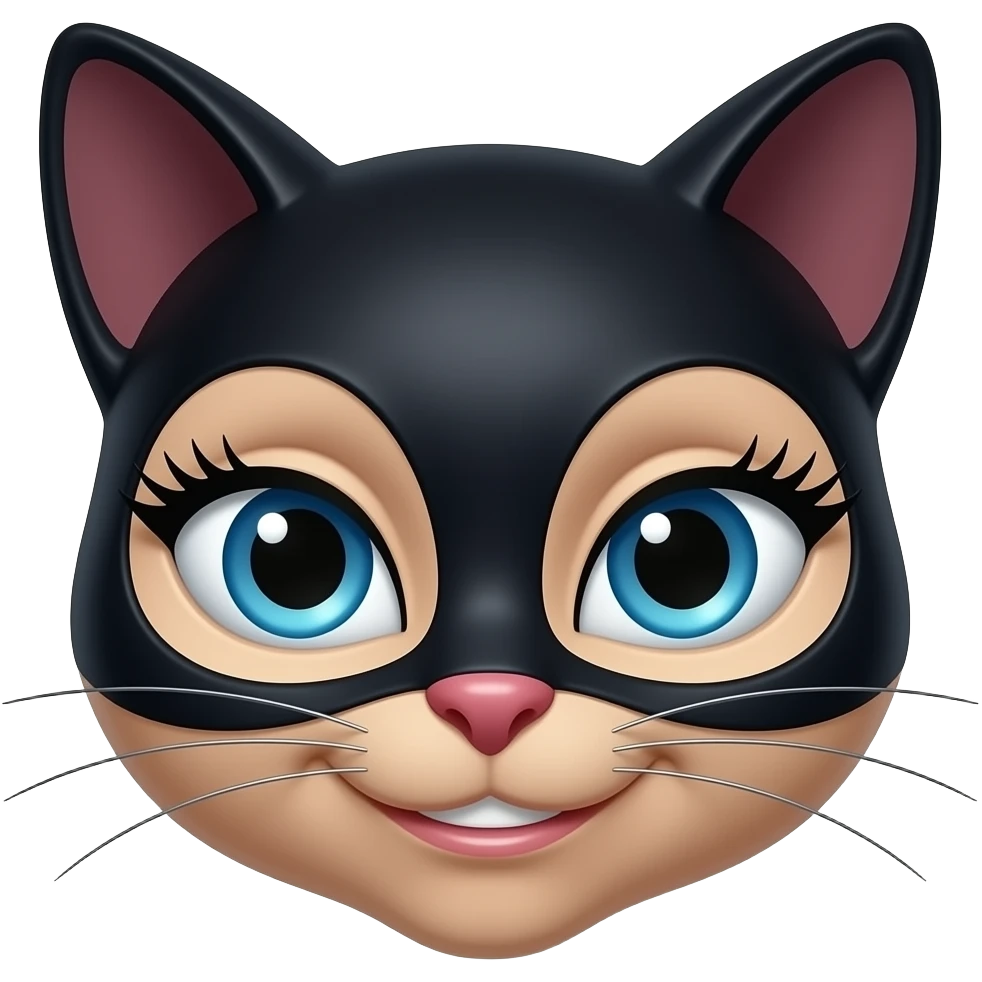 Only show the slim head with a smirk A black cat that looks like Cat woman with long lashes blue eyes emoji