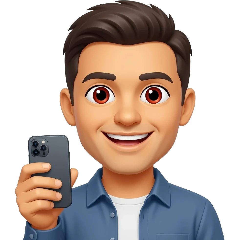 default yellow emoji holding a phone in front of him smiling with teeth and red eyes emoji
