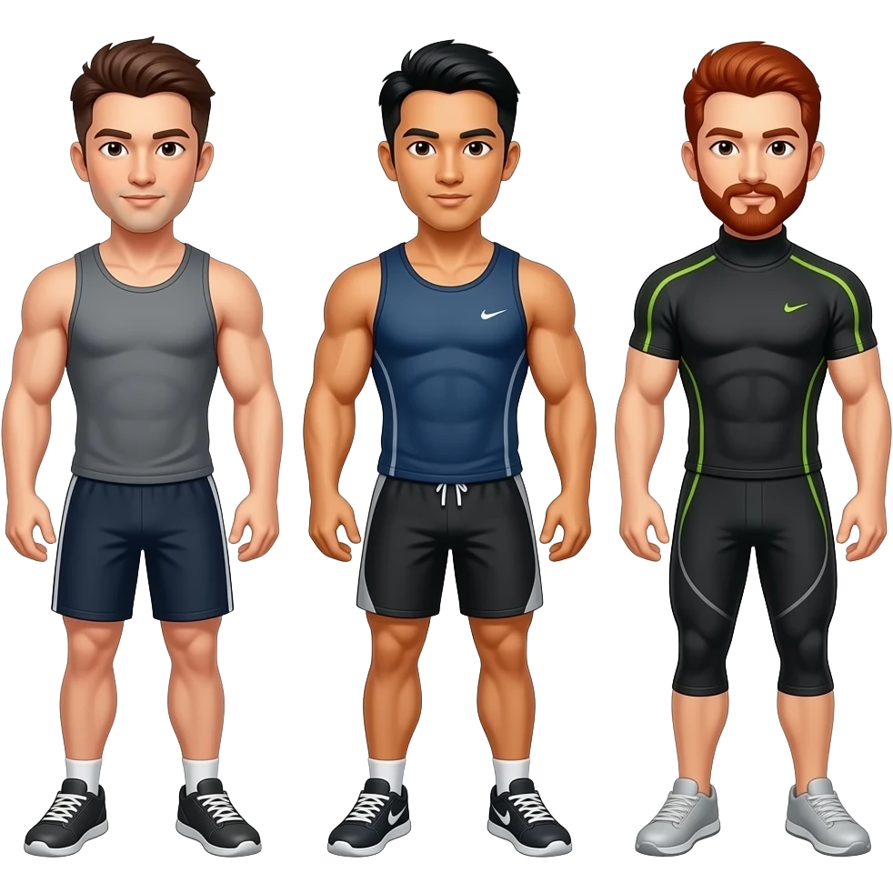 Gay throuple, one white guy with brown hair in a tank top and very short shorts, one muscular Asian man with great hair in a gym outfit, and one redhead with a mustache in a turtleneck emoji