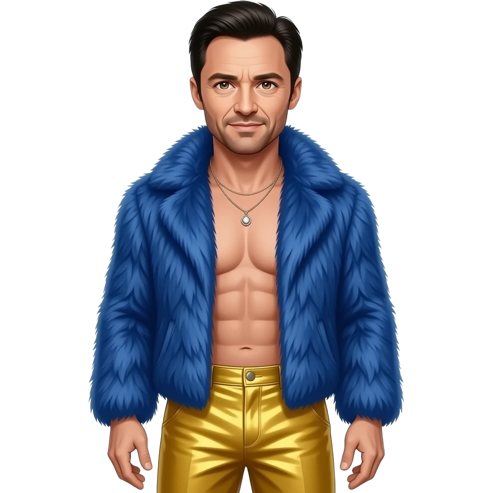 Hugh Jackman with hazel eyes, black hair, blue fur shawl, yellow metallic baggy pants, shirtless with necklace emoji