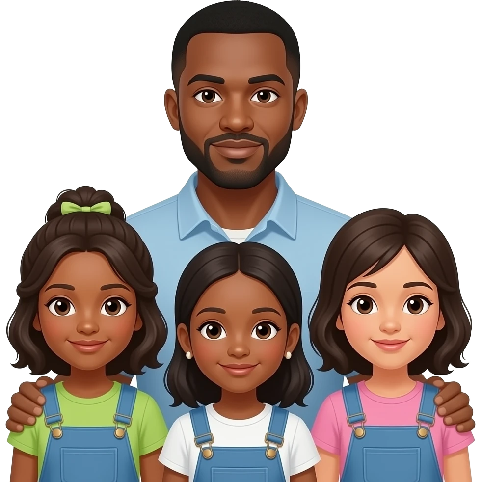 Make an emoji of a bald black guy with three daughters standing in front of him emoji