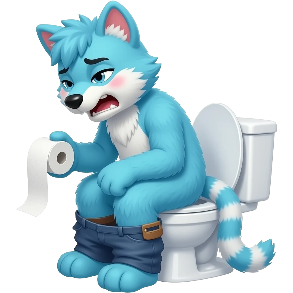 blue fursuit sitting on toilet, side view, pants down, straining face, blushing face, pain, pushing, holding toilet paper, discomfort, grunting emoji