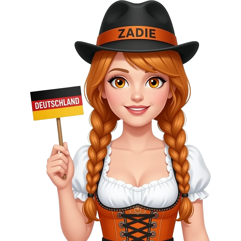 sexy girl with overlong ginger braids and ginger eyes wearing a orange dirndl and a black bavarian hat with ZADIE written on it, is holding a sign with DEUTSCHLAND written on it emoji