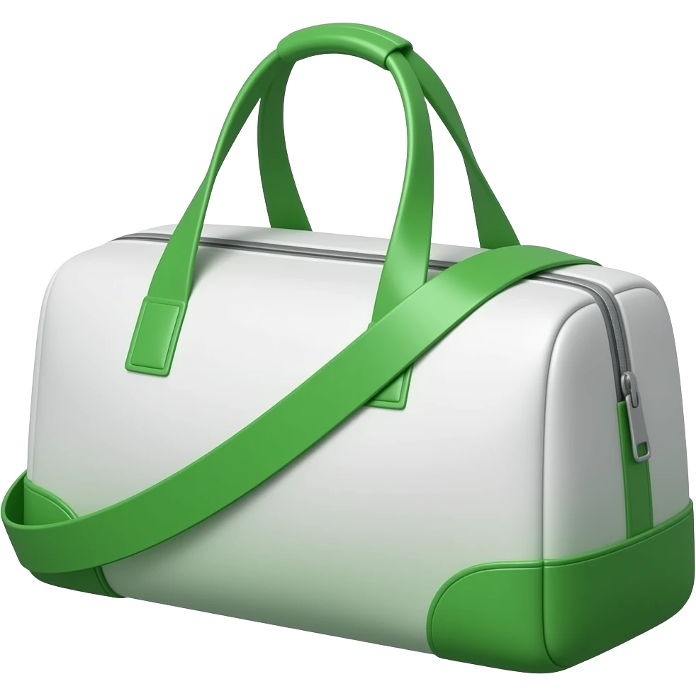 Apple iOS style white sports bag emoji, glossy 3D duffel bag, green accent details, minimal luxury design, front-facing, smooth shading, ultra detailed, clean background, premium iOS emoji aesthetic emoji