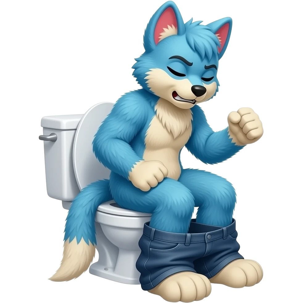 blue fursuit sitting on toilet, side view , pants down, pushing, eyes closed, straining face, fists, uncomfortable, red face emoji