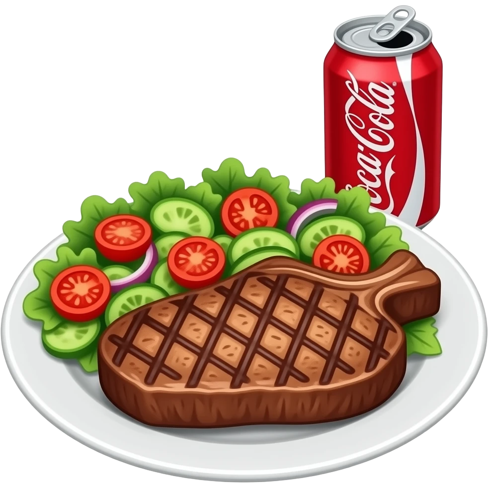 meat steak and veggie salad on a plate and a can o cola emoji