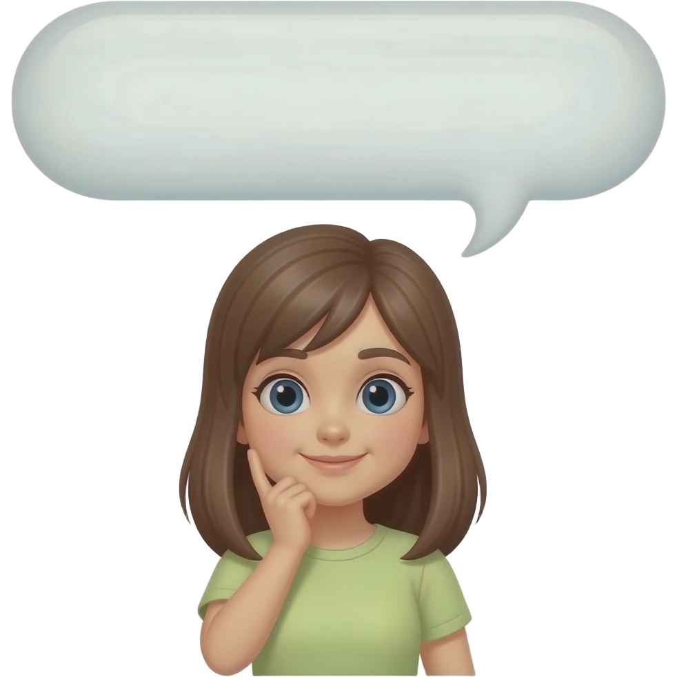 A girl thinking, above her is a speaking bubble emoji