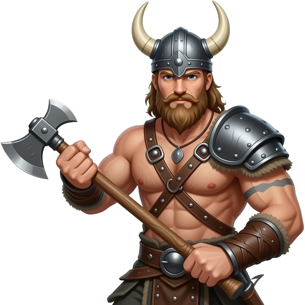 Vikinger mit nackten maskulinen Oberkörper und einer behaarten und starker Brust, mit Leder Riemen und Schulterpanzer. Er schwinkt eine Axt und trägt ein Helm mit Hörnern emoji