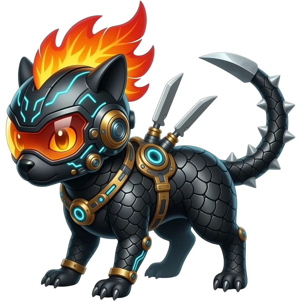 Cool edgy fiery cybernetic electrical visor-helmeted, Circuitry-patterned black-scaled digitigrade futuristic fantasy-Cyberpunk-Steampunk-Solarpunk-Genesect-Cyclizar-Salazzle-Protogen-Fakémon-animal-hybrid, with neon feather-mane, and a tail blade, back spikes emoji
