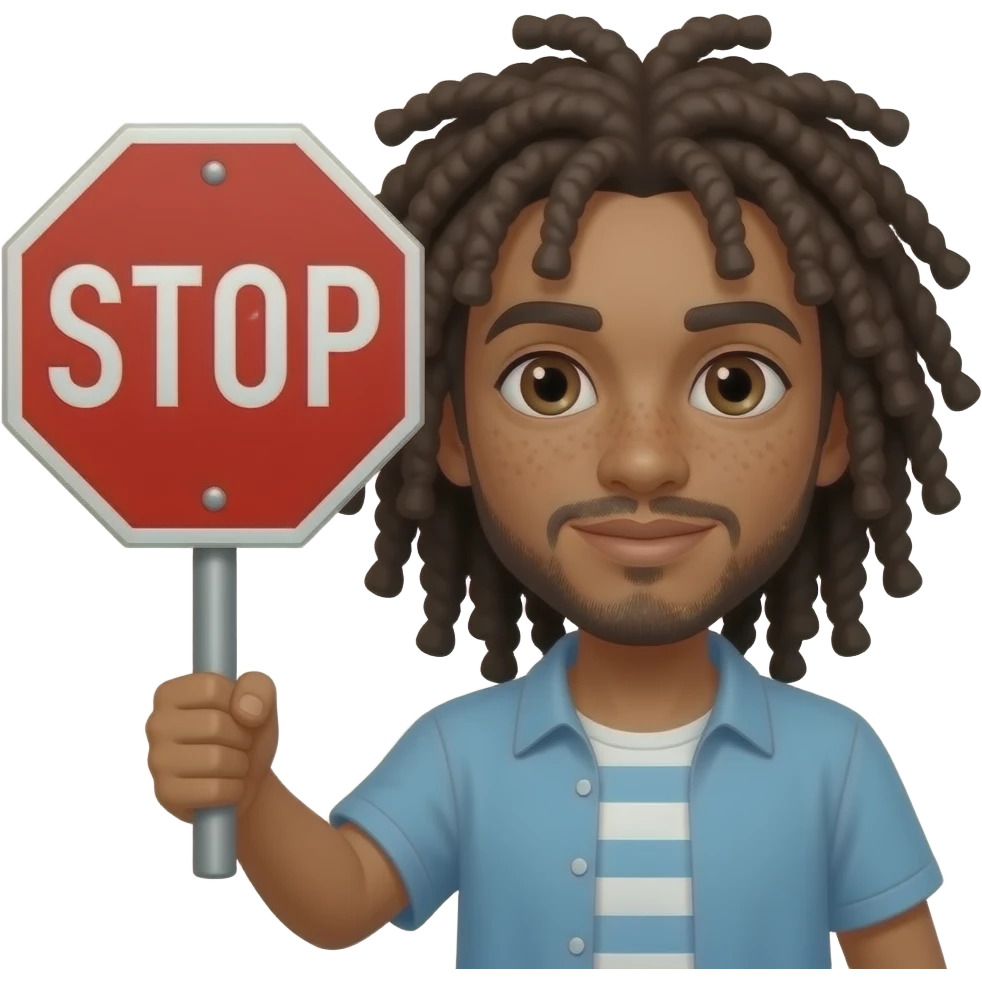 A light skin with freakles and freeforms dreads. Holding a stop sign emoji