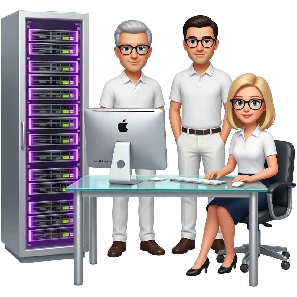 background is a silver server cabinet with purple backlighting, in the foreground is a glass table and an imac computer, two men with glasses are standing, one has gray hair, the other has black hair, dressed in white trousers and a polo shirt, a blonde girl with glasses is sitting at the table, emoji