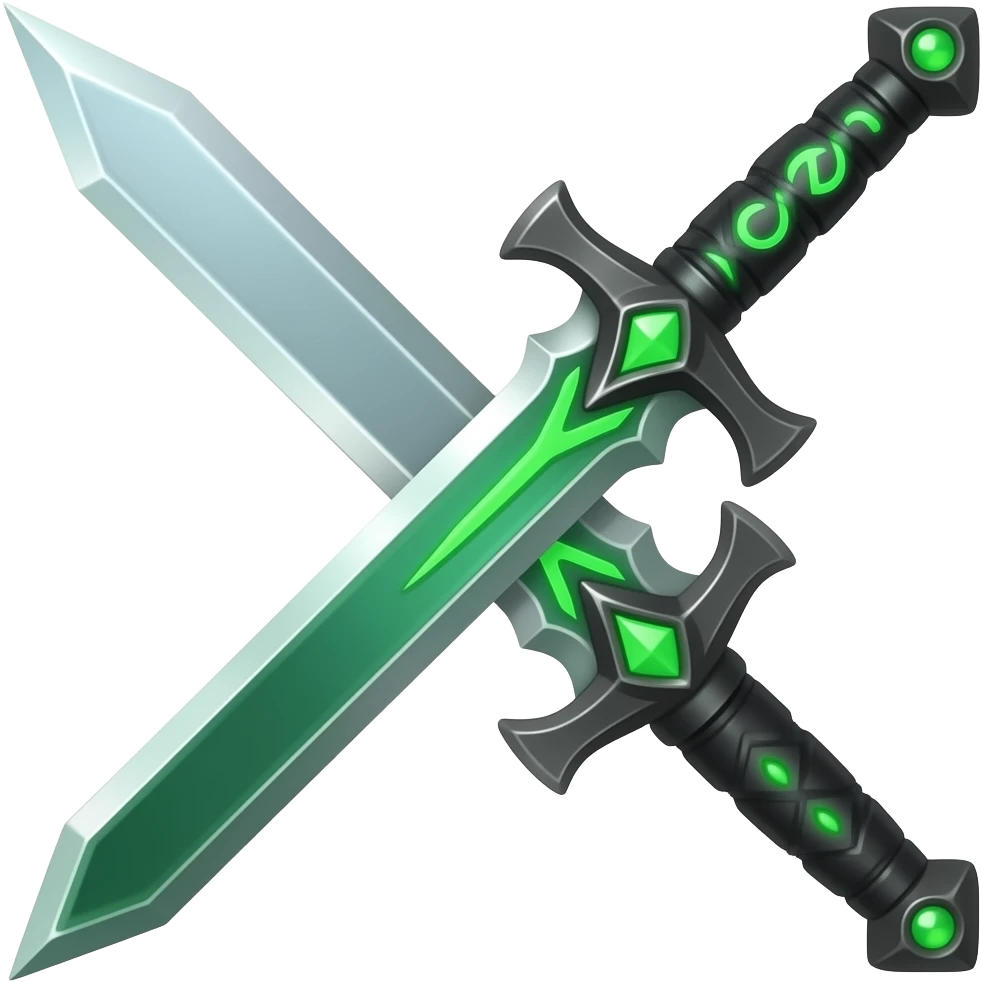 A Discord emoji of a sharpened emerald sword with a glowing green rune on the hilt. High-end fantasy style, sleek, metallic black, white background. emoji