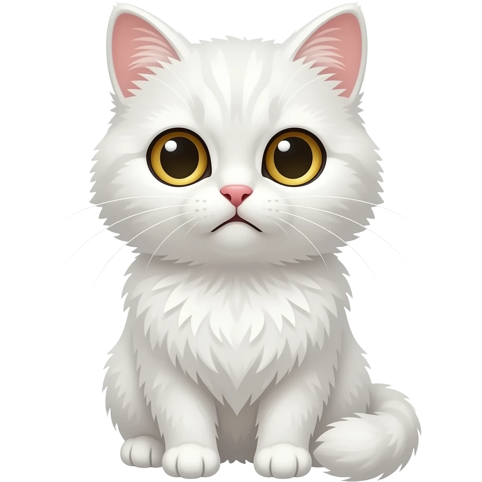 cute white cat with golden eyes, fluffy fur, polished chibi style, discord emote, twitch emote, transparent background, thick clean outline, soft shading, expressive face, high contrast, centered composition, sad emoji