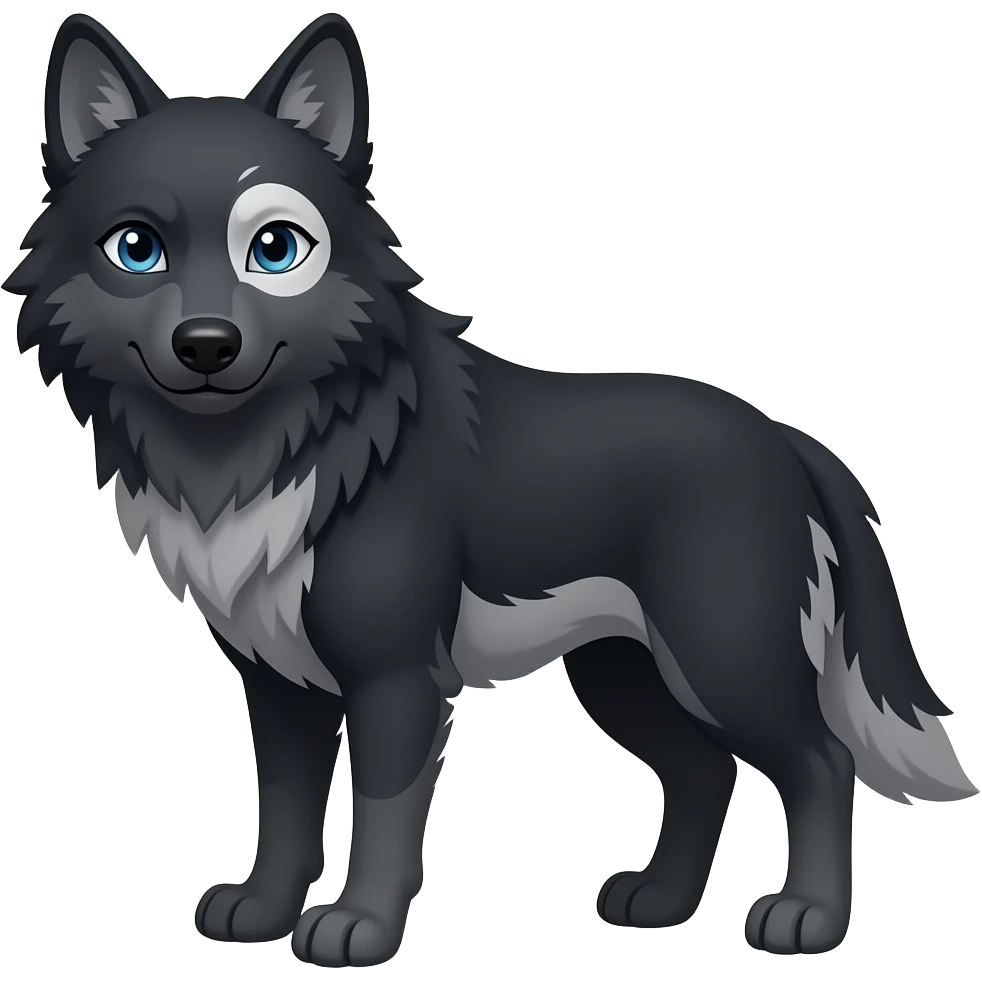 black wolf with blue eyes and greyish white markings over the left eye around the eye,  and a light grey patch on the torso and tail emoji
