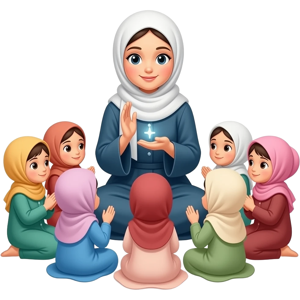 one women is sitting with children in islam and teaching them manners a feamale nit a male kids should be little girls with hijab vary faces emoji