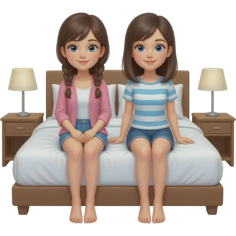 ttwo girls are sitting on a bad in a hotel room emoji