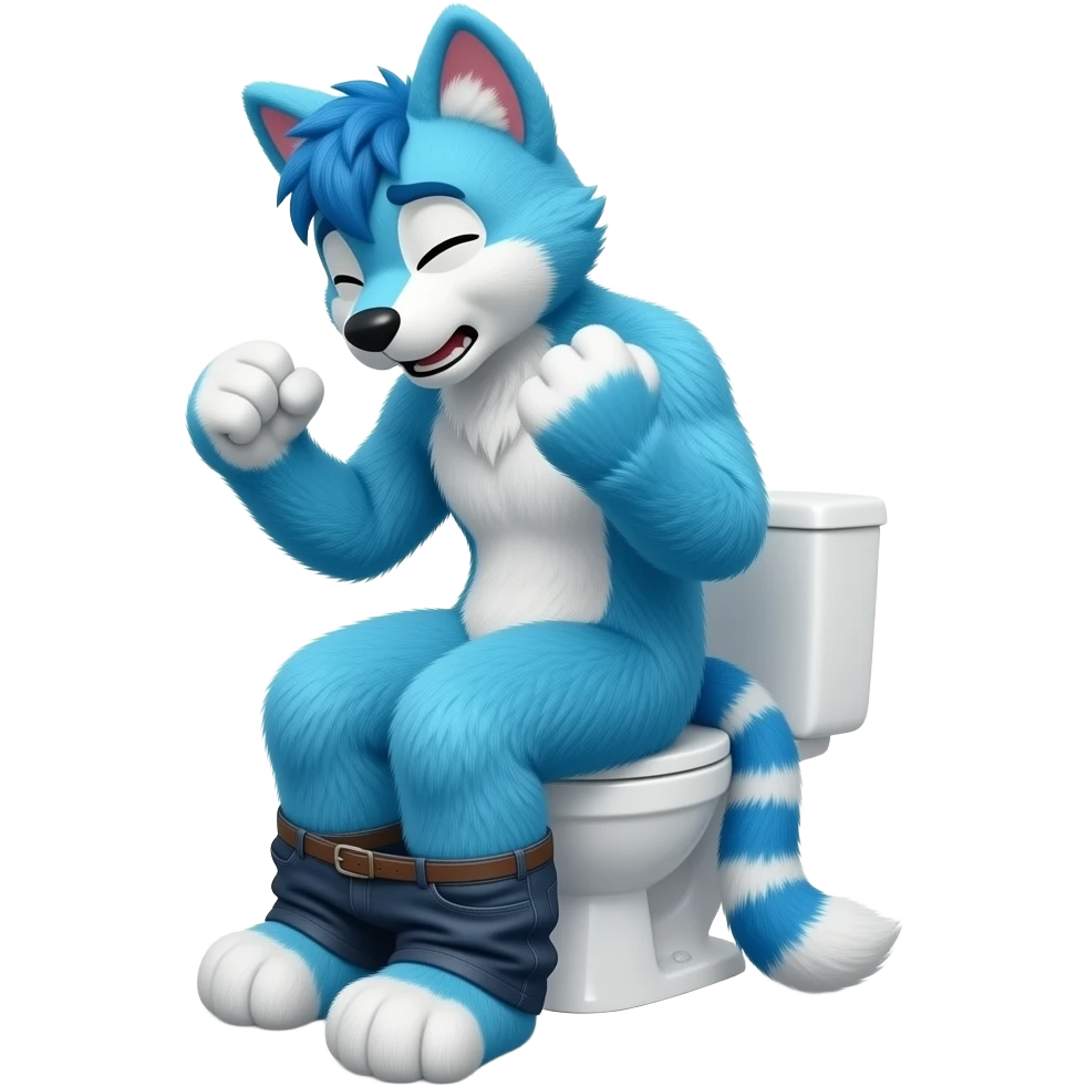 blue furry fursuit sitting on toilet, side view, pants down, straining face, eyes closed, pushing, squeezing, both fists emoji