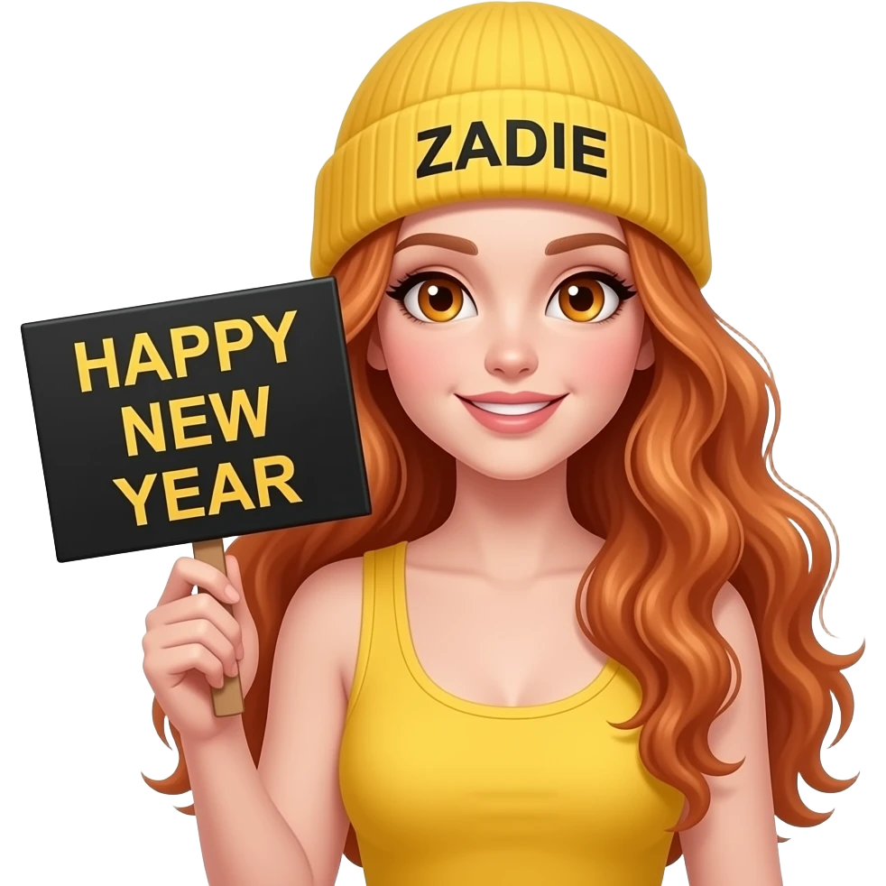 sexy girl with overlong wavy ginger hair and ginger eyes wearing a yellow tanktop and a yellow beanie with ZADIE written on it, is holding a black sign with just HAPPY NEW YEAR on it emoji