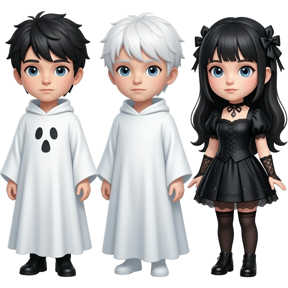 same exact cute 3D ghost couple emoji, 3/4 right angle, white ghost boy and gothic ghost girl, kawaii style, glossy 3D emoji render, only camera angle changes, same character identity, same proportions, same colors emoji