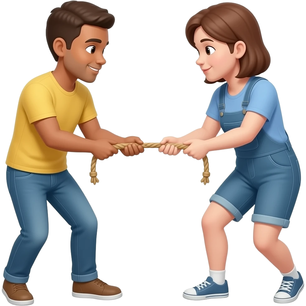 Two people opposite each other with their hands on pig tug of war between them emoji