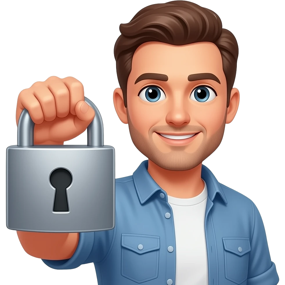 man holding big lock in hand closeup , casual outfit emoji