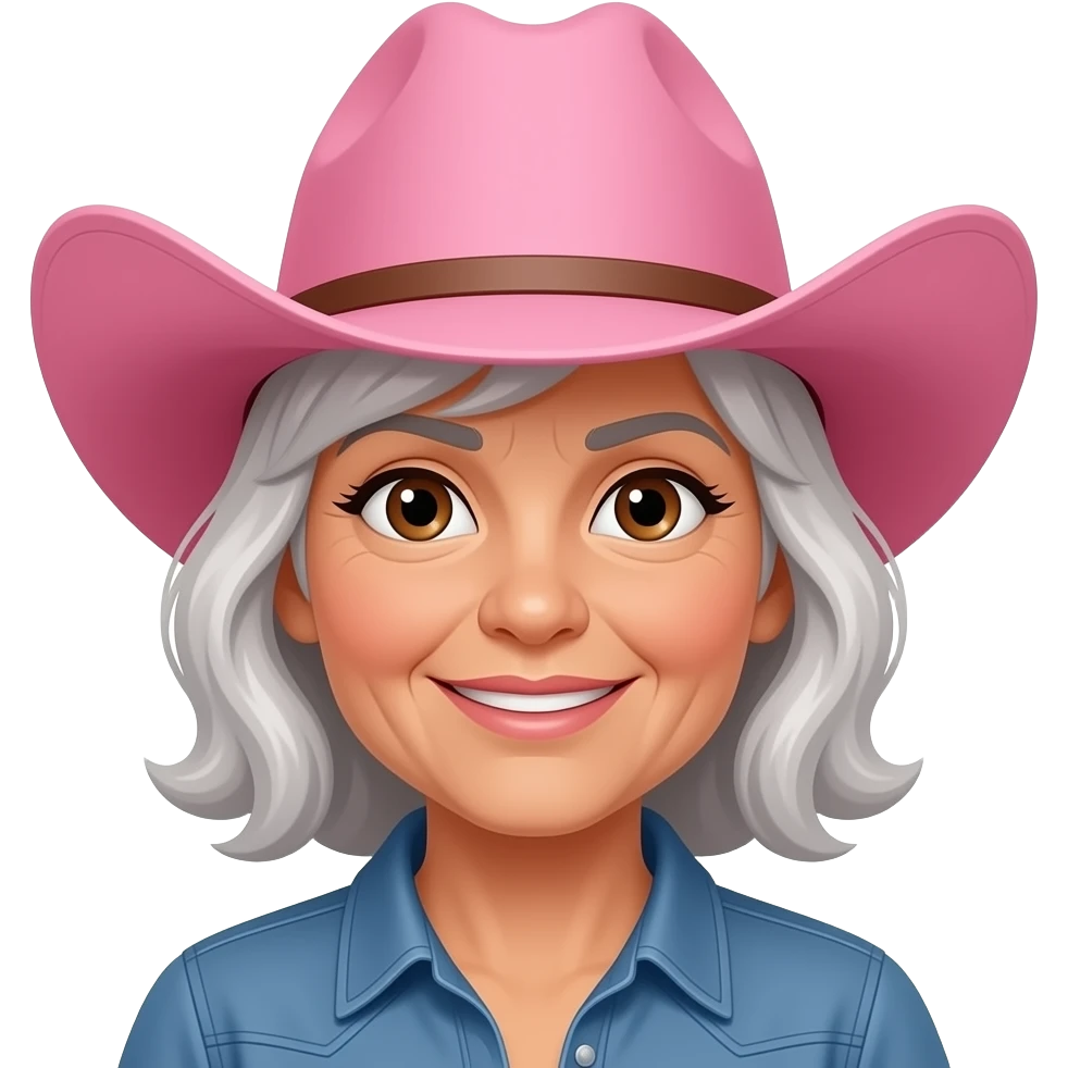 60 year old cow girl, with pink cowboy hat, very tanned, brown eyes, silver coloured hair and brown eye brows emoji