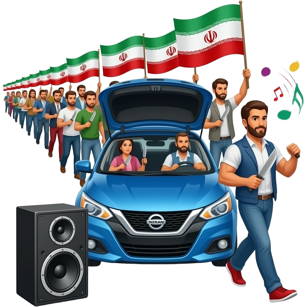 یکصد تا تام سخنگو با دستشان پرچم ایران با ۱۰ تا تام سخنگو خنجر دست توی صندوق عقب نیسان آبی با راننده نیسان عضادار و اون تام سخنگو ها به صورت صف حرکت می کنند و با اسپیکر سیاه دست آخرین تام سخنگو با نت موسیقی های رنگارنگ که از اسپیکر می پاشه emoji