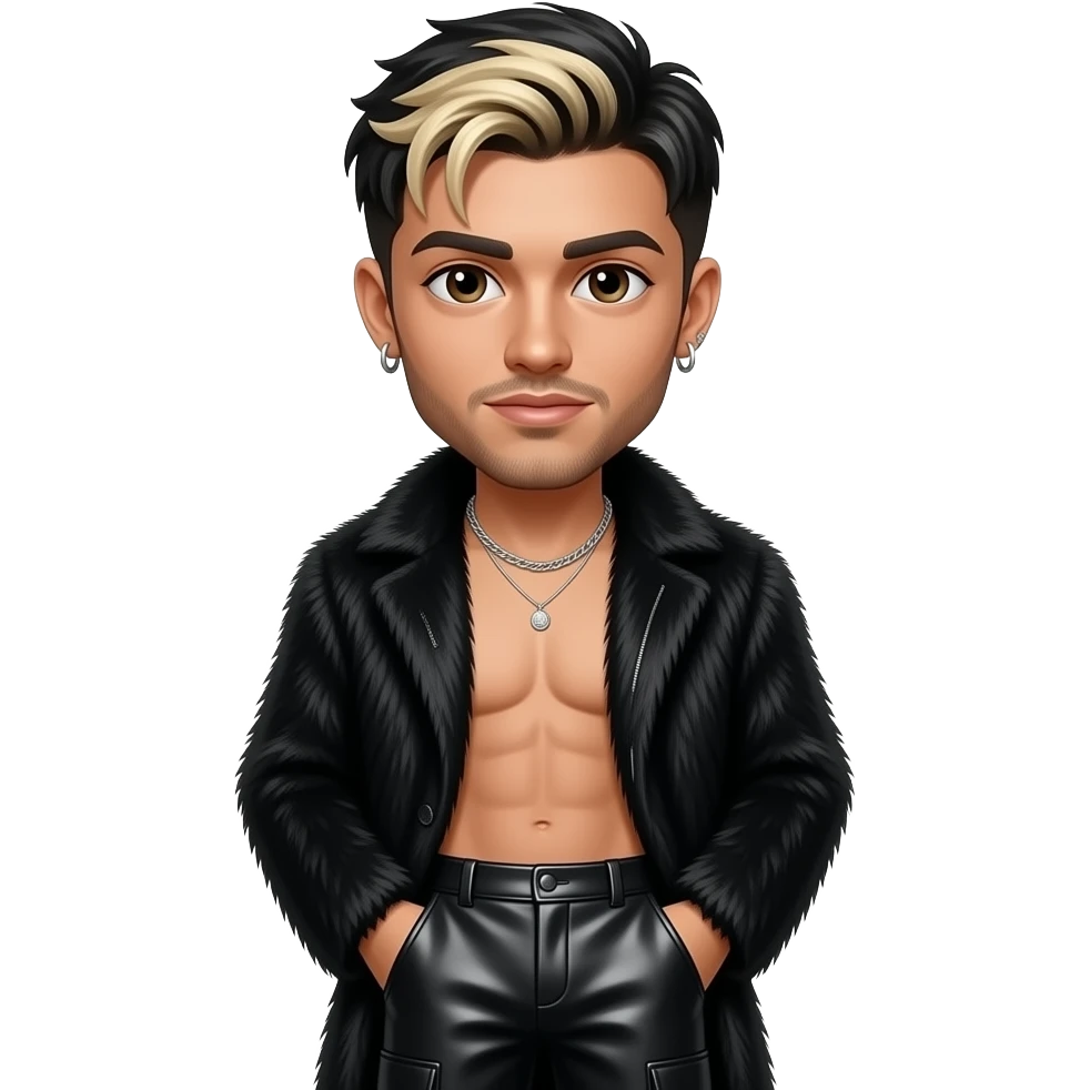 Zayn Malik with dark brown eyes, black hair with blonde highlights, black fur coat, black metallic baggy pants, shirtless with necklace and earrings emoji