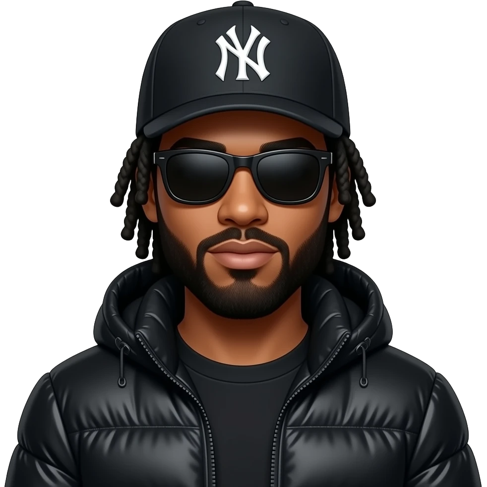 African American man with shoulder length black dreadlocks with black beard wearing black sunglasses wearing a New York Yankees logo baseball cap wearing a black bubble winter coat emoji