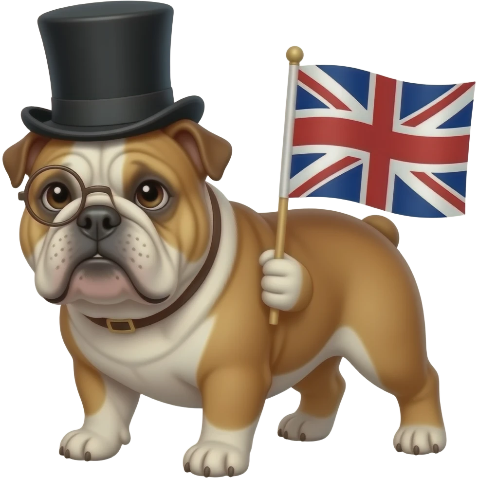 British bulldog wearing a top hat and monocle holding a British flag emoji
