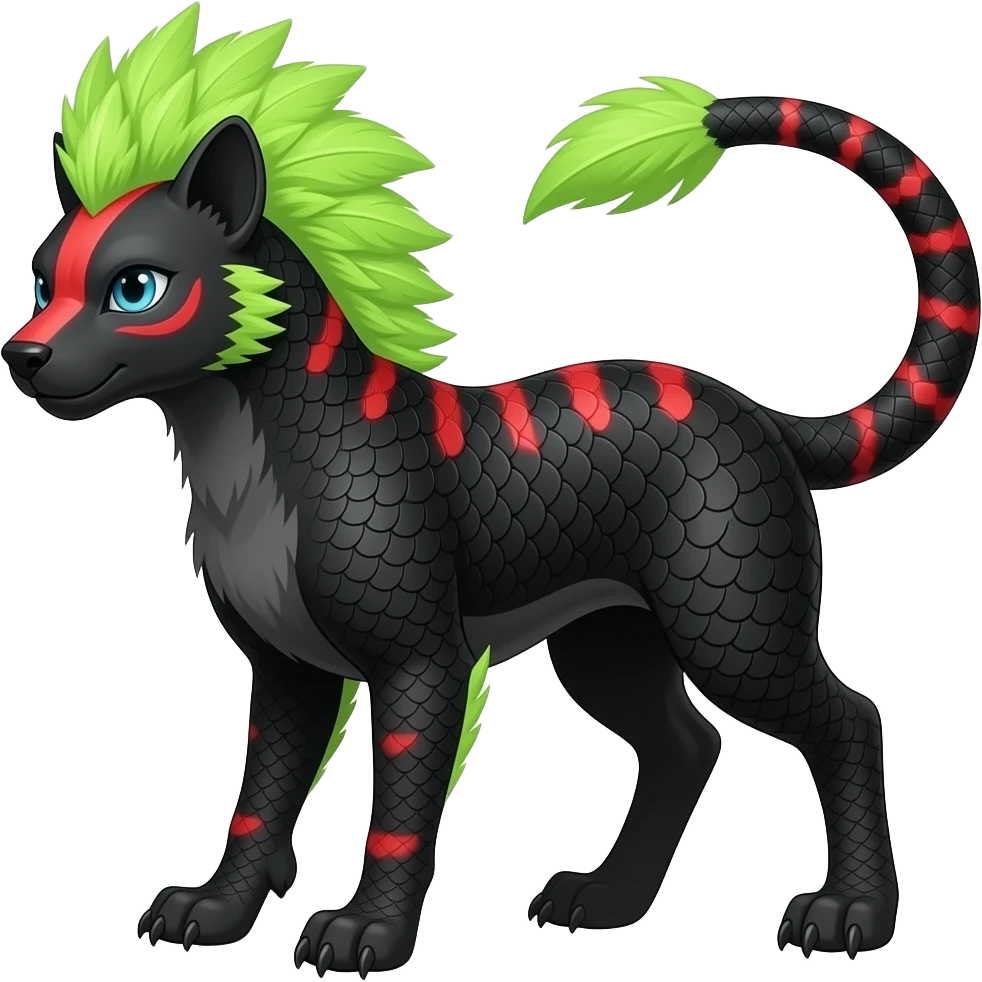 Cool edgy ancient black-scaled with neon-red stripe markings digitigrade bipedal vintage futuristic raptorik fantasy-Cyberpunk-Steampunk-Solarpunk-Genesect-Salamence-Cyclizar-Salazzle-Feraligatr-Fakémon-animal-hybrid, with neon feather-mane, and a tail blade, back spikes, full body emoji