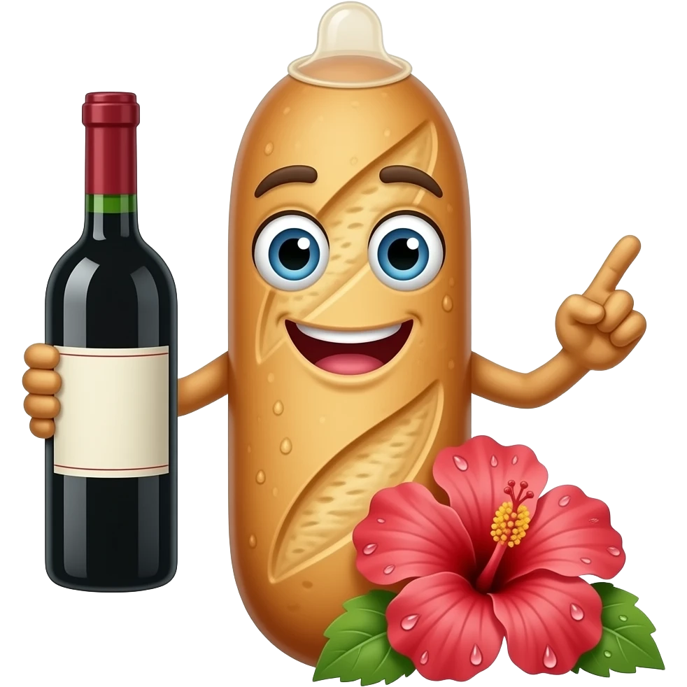 Longue Baguette avec une bouche, des yeux et des bras. Elle a un preservatif sur le haut de la tete et une bouteille de vin dans la main. L'autre main a deux doigts tendus et collés juste sous un hibiscus qui a des gouttes d'eau autour emoji