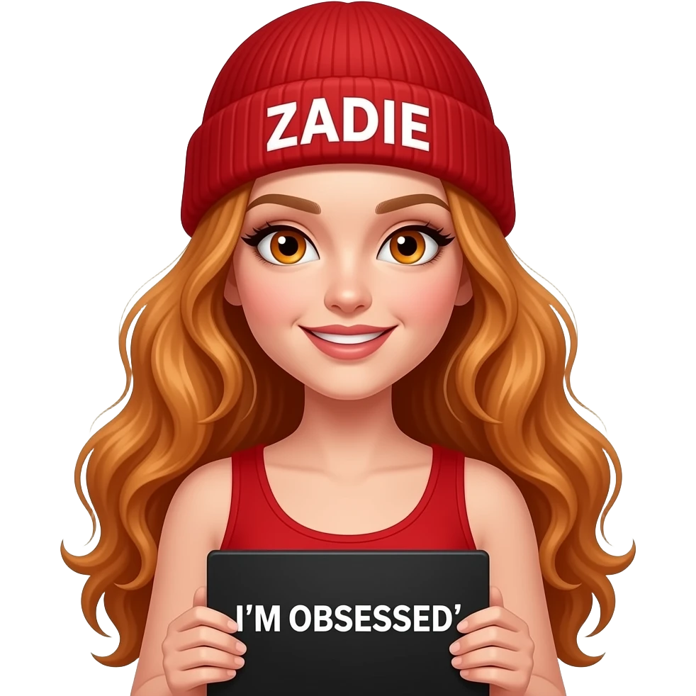 sexy girl with overlong wavy ginger hair and ginger eyes wearing a red tanktop and a red beanie with ZADIE written on it, is holding a black sign with I'm OBSESSED written on it emoji