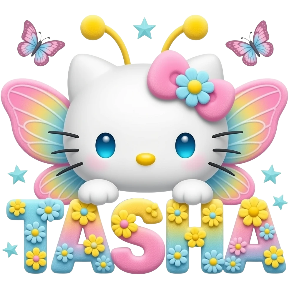 White velvety fur 3D hello kitty head, pink yellow blue ombre 3D flower ...