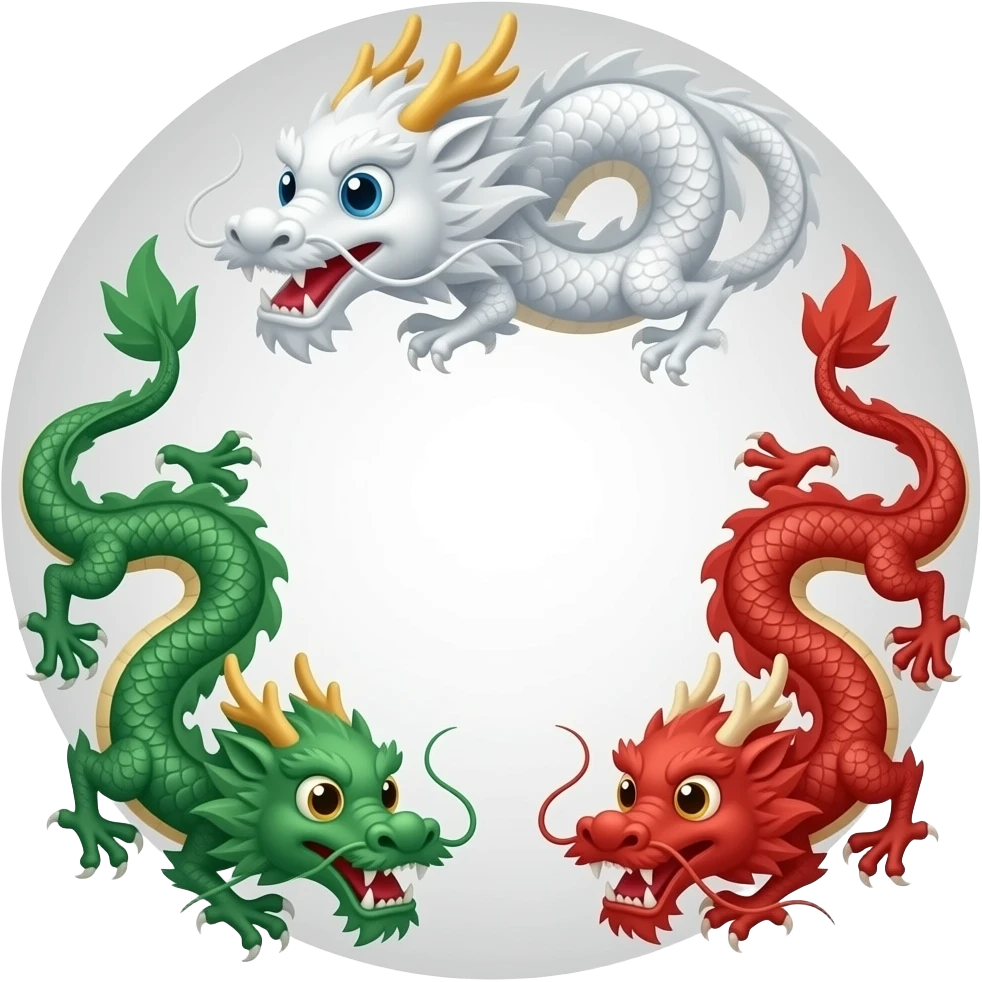 Three traditional (cartoon style) Chinese dragons in a circle but inside like a triangle shape - a white dragon on the top middle, a green dragon on the left corner, and a red dragon on the right corner - with space in the middle, enough to add text, each with their respective mahjong symbol emoji