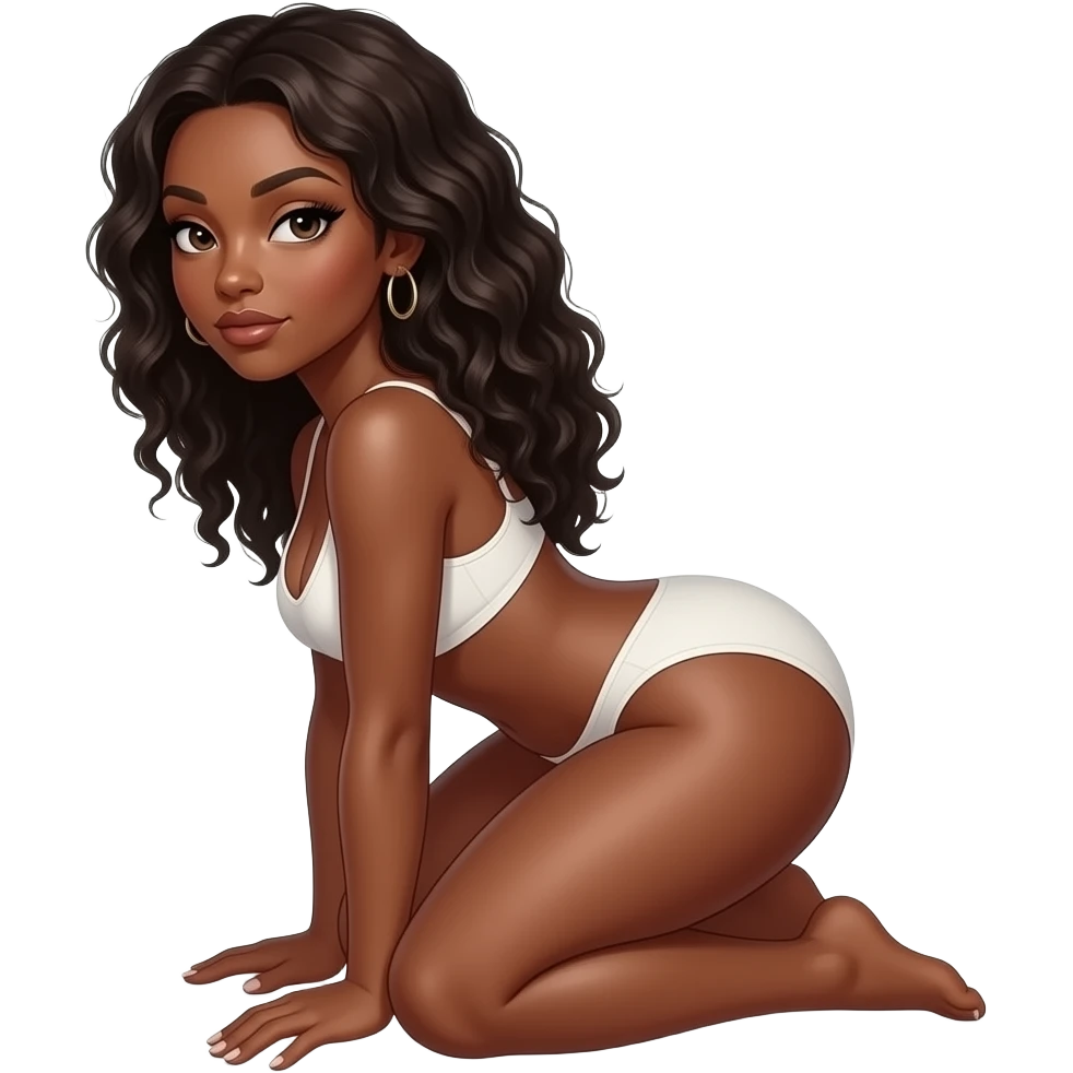 Black woman with lashes squaring hands on her knees twerking with a big butt, looking back emoji