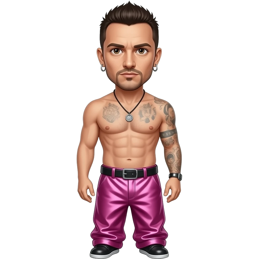 Chester Bennington with dark brown eyes, dark brown hair, hot pink metallic baggy pants, shirtless with necklace and earrings emoji
